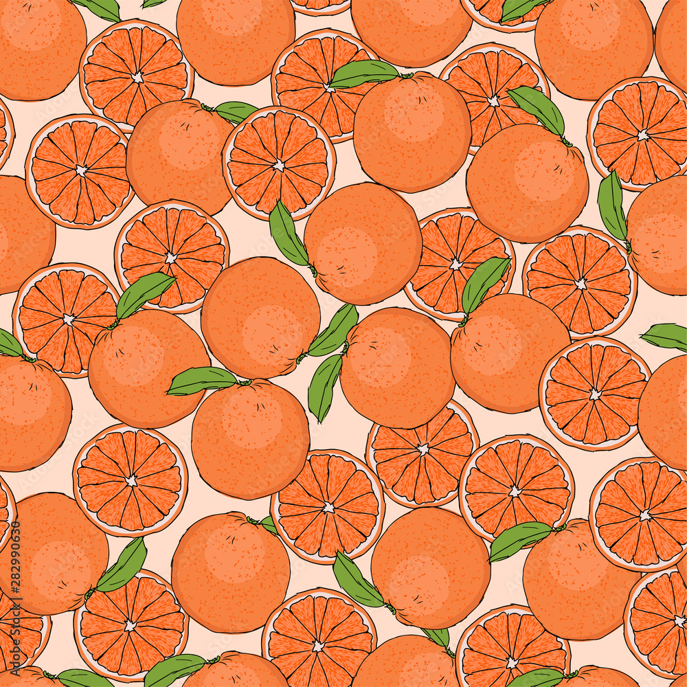 fresh oranges juicy sweet seamless pattern, vector illustration