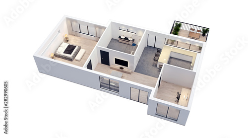 modern interior design, isolated on white floor plan with white walls, blueprint of apartment, house, furniture, isometric, perspective view, 3d rendering