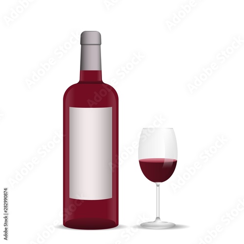 Red wine bottle and glass of wine isolated on white background Vector illustration.