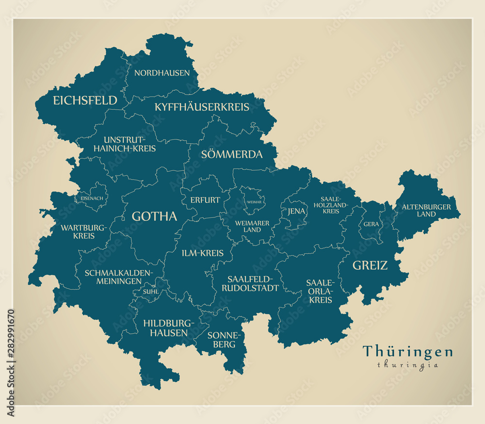 Modern Map - Thuringia map of Germany with counties and labels Modern Map - Thuringia map of Germany with counties and labels