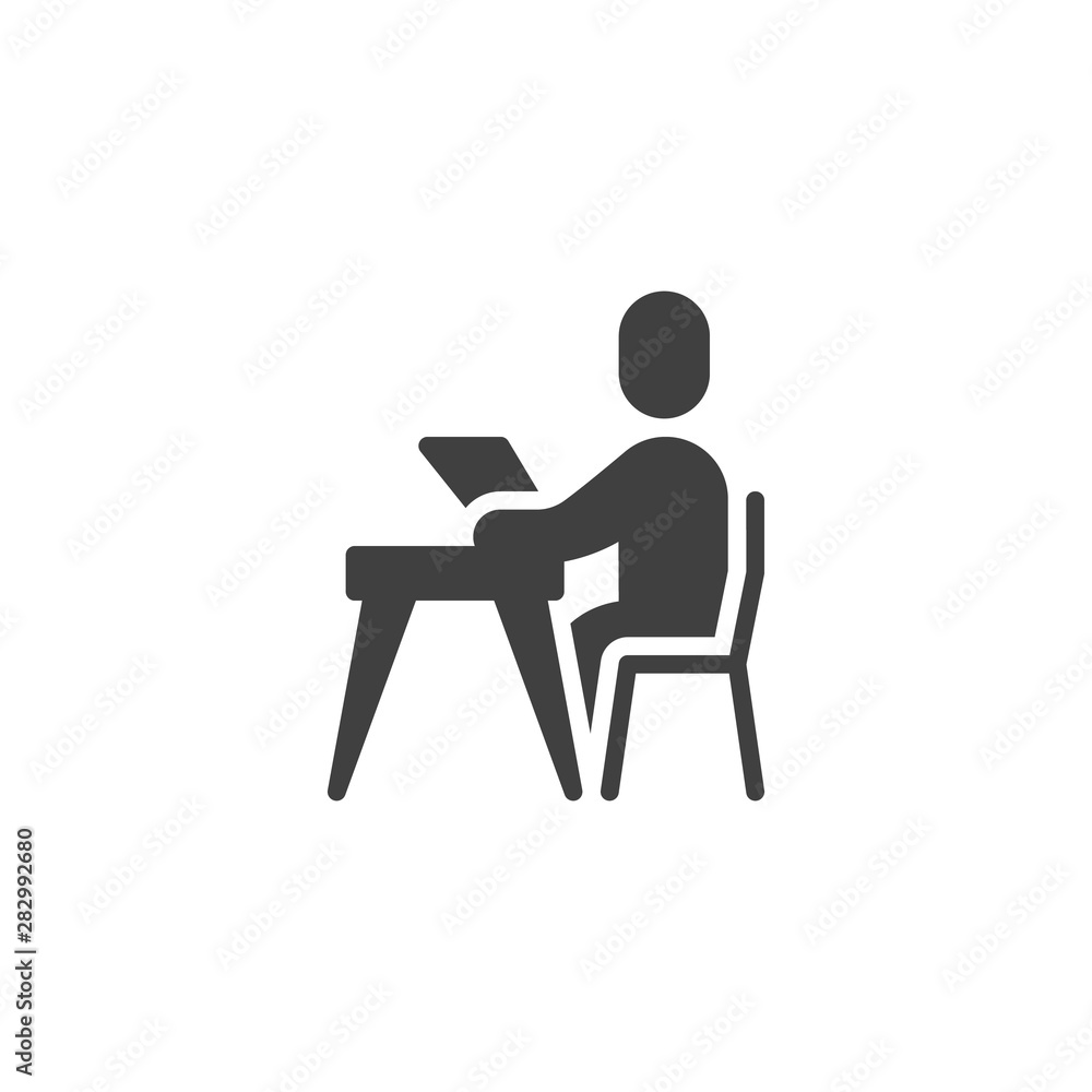Student sitting at table with book vector icon. filled flat sign for mobile concept and web design. Reading at library glyph icon. Symbol, logo illustration. Vector graphics Student sitting at table with book vector icon. filled flat sign for mobile concept and web design. Reading at library glyph icon. Symbol, logo illustration. Vector graphics