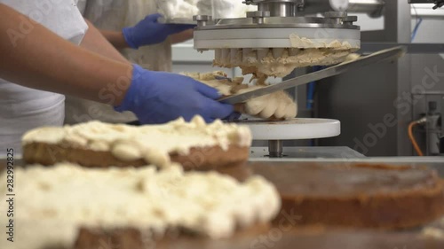Pastry chef applies cream on biscuit cakes using equipment. Manual manufacture of sweets desserts. Flour confectionery production. Confectioner puts filling on sponge cakes photo