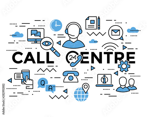 customer service, call centre line flat art vector