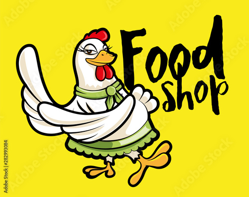 Cute cartoon female chicken hen character with big sign  vector illustration