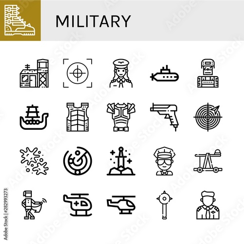 Set of military icons such as Boot, Military base, Crosshair, Pilot, Submarine, Soldier, Battleship, Bulletproof vest, Armor, Gun, Radar, Paintball, Sword, Cop, Catapult , military