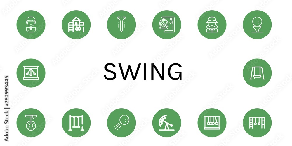 Set of swing icons such as Golf player, Playground, Tee, Swing, Golfer, Golf ball, Pendulum ride, Newtons cradle, Monkey bars , swing