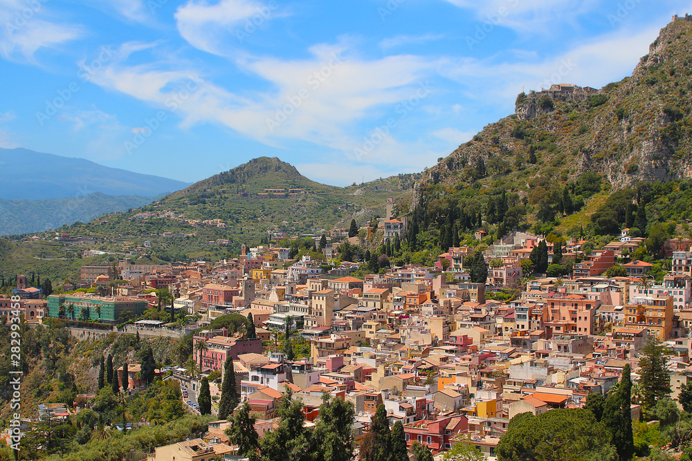 View at Taormina a tourist destination at the east coast of the island of Sicily, Italy
