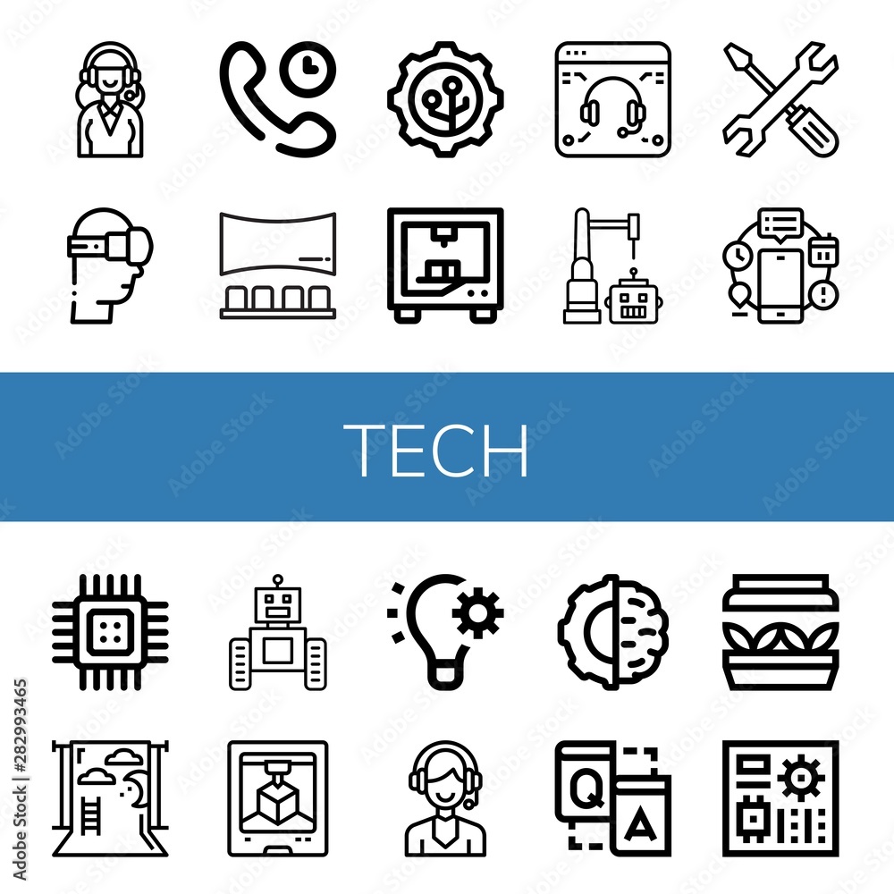 Set of tech icons such as Support services, Virtual reality, Technical Support, Panorama, Nanotechnology, d printing, Support, Robot, Automation, Cpu, Backdrop, Artificial intelligence , tech