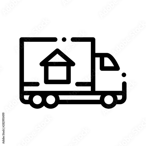 Cargo Truck Delivery To House Vector Sign Icon Thin Line. House Building Image On Transportation Autotruck Carosserie Linear Pictogram. Rent Or Buy Apartment Garage Contour Illustration