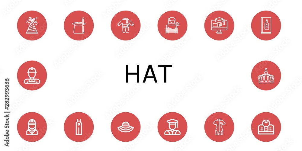 Set of hat icons such as Hat, Magician, Clothes, Thief, Education, Wine menu, Engineer, Overall, Sun hat, Graduated, Neoprene, Worker, Crown , Set of hat icons such as Hat, Magician, Clothes, Thief, Education, Wine menu, Engineer, Overall, Sun hat, Graduated, Neoprene, Worker, Crown ,