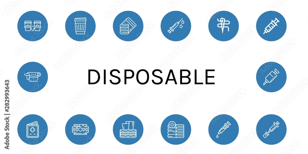 Set of disposable icons such as Cup carrier, Paper cup, Towels, Syringe, Needle, Vaccination, Razor blade, Tissue box, Vaccine, Towel , disposable Set of disposable icons such as Cup carrier, Paper cup, Towels, Syringe, Needle, Vaccination, Razor blade, Tissue box, Vaccine, Towel , disposable