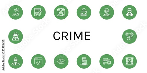 Set of crime icons such as Detective, Balance, Police station, Thief, Lawyer, Prisoner, Hacker, Ammo, Prisoner transport vehicle, Prison, Fingerprint , crime