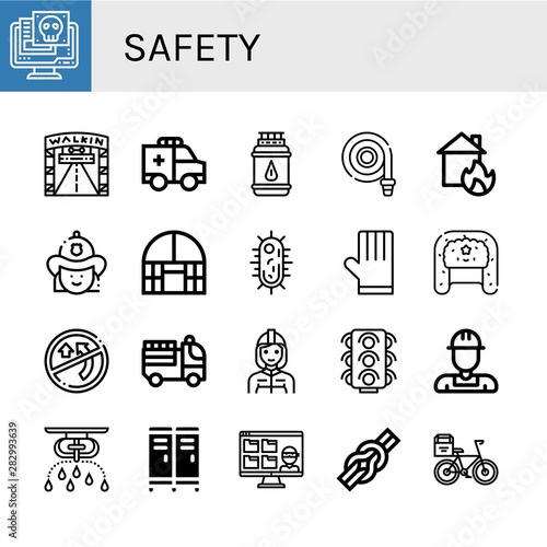 Set of safety icons such as Virus, Walking street, Ambulance, Gas bottle, Fire hose, House on fire, Firefighter, Dome greenhouse, Gloves, Hat, No overtaking, Fire truck , safety