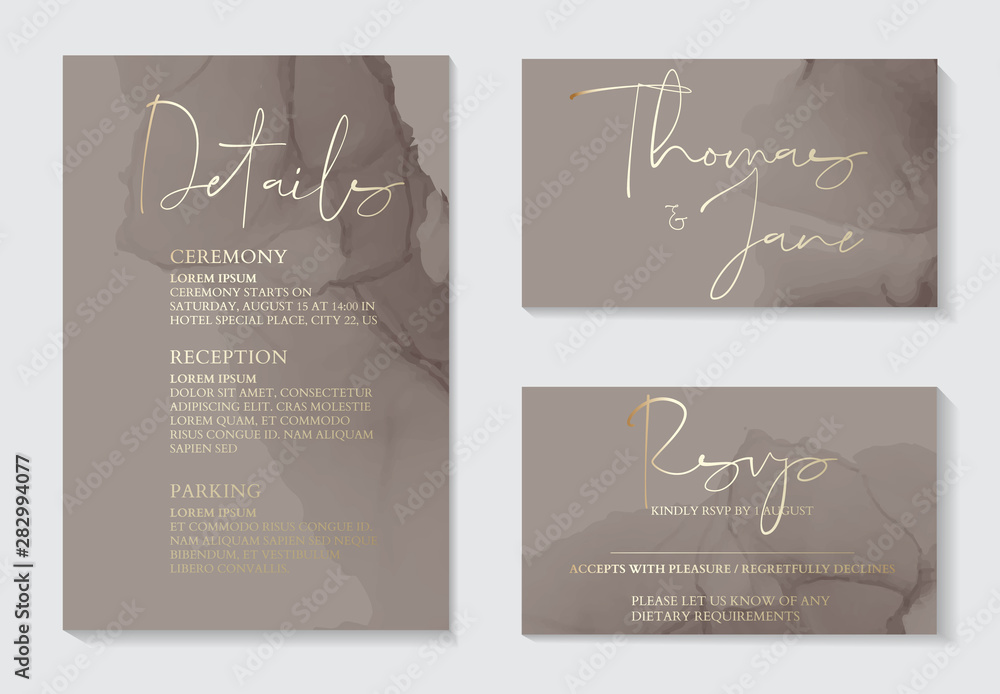 Luxury soft decor, dark grey wedding invitation cards with gold marble texture and geometric pattern minimal style vector design template. Cute invitation, party design collection.