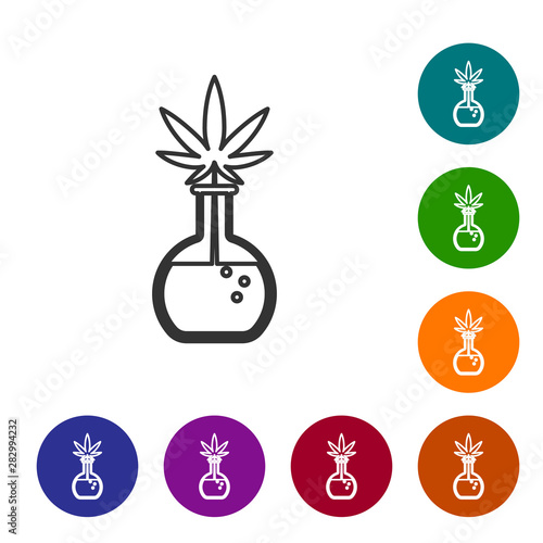 Grey line Chemical test tube with marijuana or cannabis leaf icon isolated on white background. Research concept. Laboratory CBD oil concept. Set icons in color circle buttons. Vector Illustration