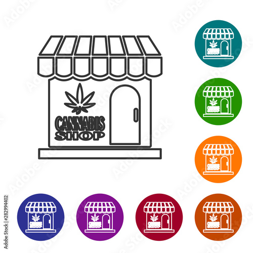 Grey line Marijuana and cannabis store icon isolated on white background. Equipment and accessories for smoking, storing medical cannabis. Set icons in color circle buttons. Vector Illustration