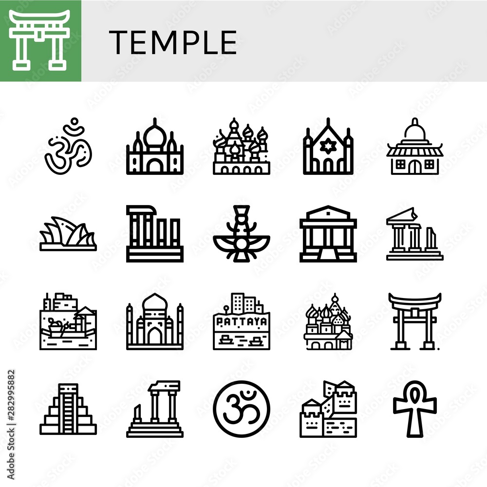 Fototapeta premium Set of temple icons such as Shinto, Om, Taj mahal, Cathedral of saint basil, Synagogue, Temple, Sydney opera house, Evora, Faravahar, Parthenon, Ruins, Floating market , temple