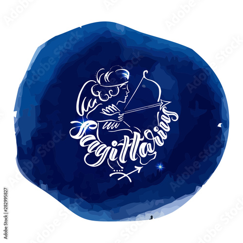 Astrology sign on blue watercolor background with modern letteri