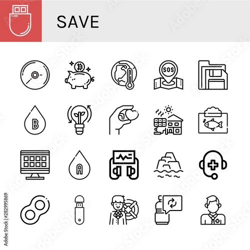 Set of save icons such as Flash drive, Cd, Piggy bank, Global warming, Sos, Floppy disk, Blood type, Clean energy, Give, Solar cell, Ecosystem, Grid, Defibrillator, Warming , save