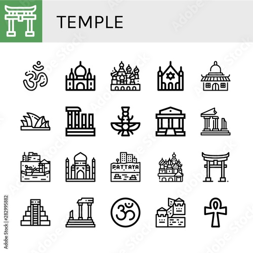 Set of temple icons such as Shinto, Om, Taj mahal, Cathedral of saint basil, Synagogue, Temple, Sydney opera house, Evora, Faravahar, Parthenon, Ruins, Floating market , temple