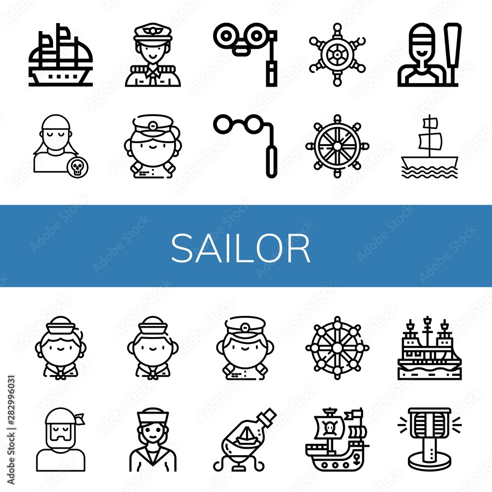 Set of sailor icons such as Galleon, Pirate, Captain, Binoculars, Helm, Sailing, Sailor, Ship in a bottle, Pirate ship, Bollard , sailor Set of sailor icons such as Galleon, Pirate, Captain, Binoculars, Helm, Sailing, Sailor, Ship in a bottle, Pirate ship, Bollard , sailor