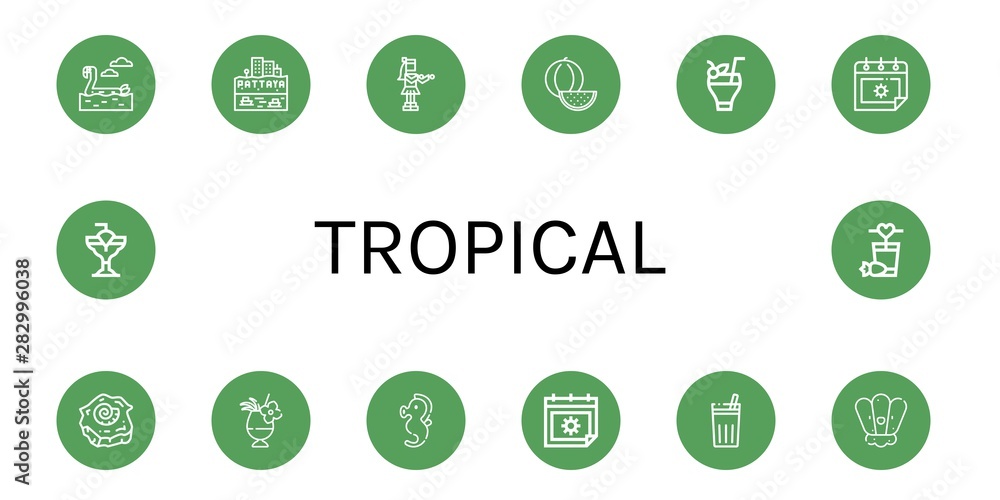Set of tropical icons such as Flamingo, Pattaya, Hula, Watermelon, Cocktail, Summer, Shell, Seahorse, Chicha de frutilla , tropical Set of tropical icons such as Flamingo, Pattaya, Hula, Watermelon, Cocktail, Summer, Shell, Seahorse, Chicha de frutilla , tropical