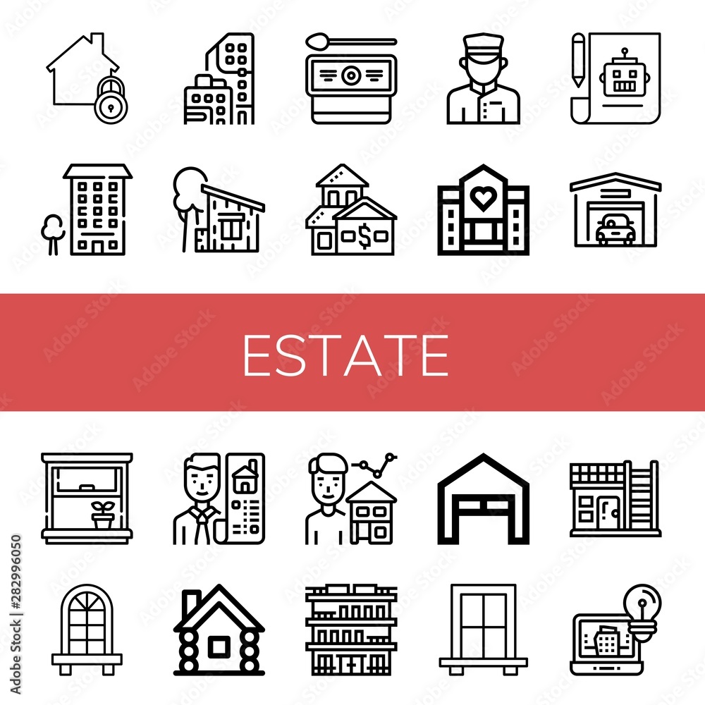 Set of estate icons such as Home, Apartment, Condominium, Cottage, House, Doorman, Hospice, Plan, Garage, Window, Real estate, Wooden house, Estate agent, Building, Architecture ,