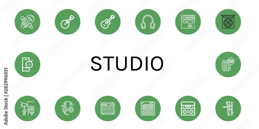 Set of studio icons such as Creative design, Guitar, Headphones, Clapperboard, Studio, Amplifier, Painting palette, Radio, Pole dance, Film reel, Adjustment , studio Set of studio icons such as Creative design, Guitar, Headphones, Clapperboard, Studio, Amplifier, Painting palette, Radio, Pole dance, Film reel, Adjustment , studio