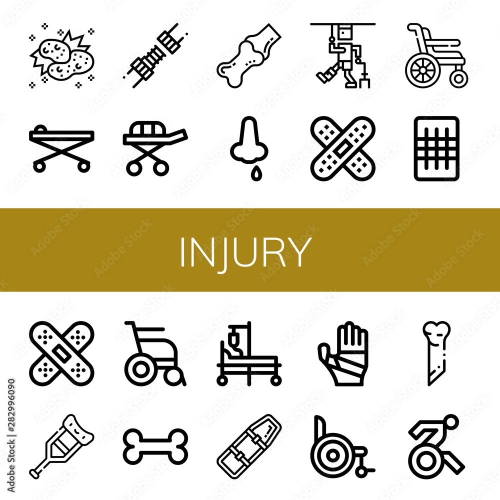 Set of injury icons such as Collision, Stretcher, Joint, Nose bleeding, Injury, Band aid, Wheelchair, Gauze, Crutch, Bone, Hospital bed, Spinal board, Plastered arm, Disabled , injury