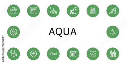 Set of aqua icons such as Water park, Dam, Lake, Waterpark, Ink, Blood, Ocean, Fish bone, Water filter, Sea , aqua
