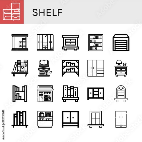 Set of shelf icons such as Refrigerator, Warehouse, Wardrobe, Closet, Bookcase, Bookshelf, Book shop, Nightstand, Window, Book shelf, Shelf ,