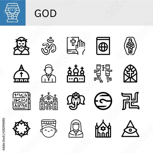 Set of god icons such as Sarcophagus, Jesus, Om, Bible, Atlas, Mummy, Vatican, Priest, Church, Mosh, Stained glass window, Egypt, Ganesha, Neptune, Swastika, Crown of thorns , god