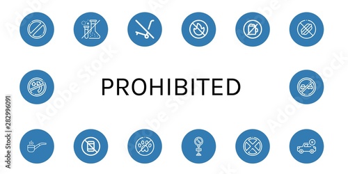 Set of prohibited icons such as Forbidden, No trolley, No fire allowed, No alcohol, food, Smoking pipe, pictures, pets, parking, overtaking , prohibited