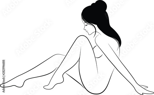 Vector illustration of a beautiful woman sitting in a sexy pose looking downward. 