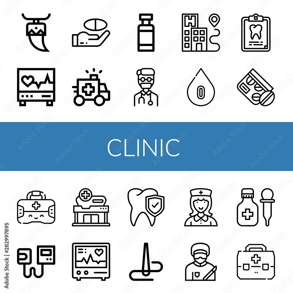 Set of clinic icons such as Tooth, Electrocardiogram, Medicine, Ambulance, Drug container, Doctor, Hospital, Blood type, Dental record, First aid kit, Sphygmomanometer , clinic