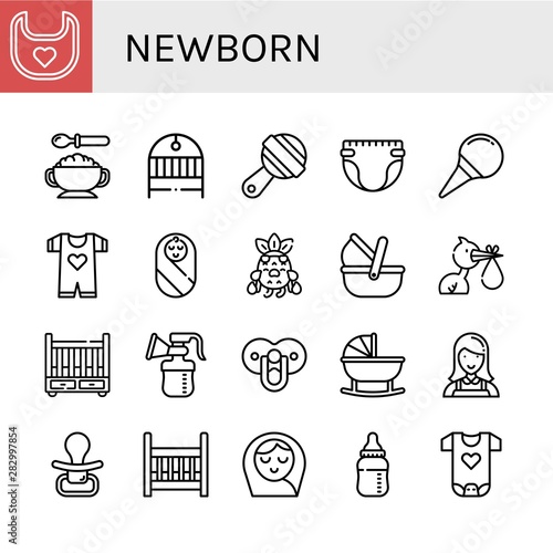 Set of newborn icons such as Bib, Baby food, Cradle, Rattle, Diaper, Nasal aspirator, Baby clothes, Baby, Crying, Moses basket, Stork, Breast pump, Pacifier, Nanny, girl , newborn