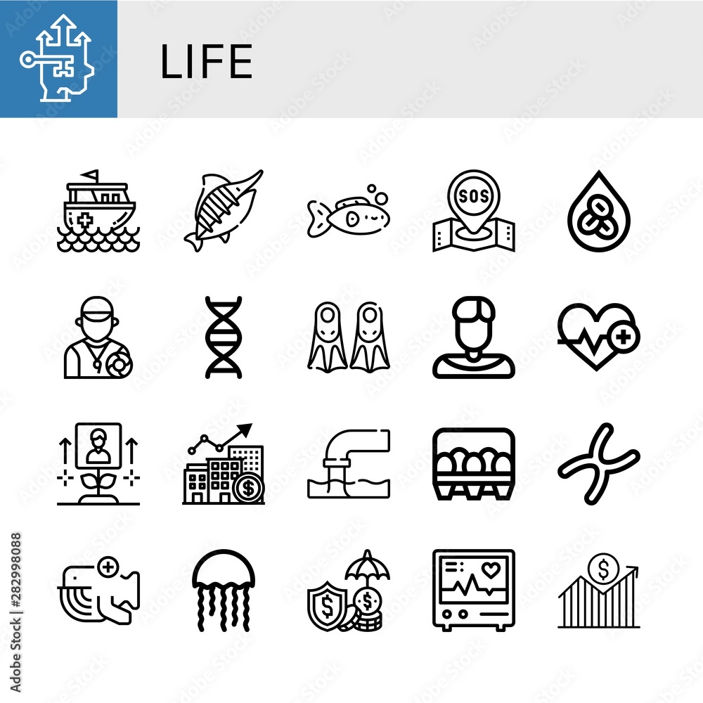 Set of life icons such as Growth, Rescue boat, Marlin, Fish, Sos, Erythrocytes, Lifeguard, Dna, Fins, Priest, Heartbeat, Pollution, Eggs, Chromosome, Whale, Jellyfish, Insurance , life