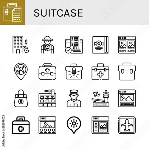 Set of suitcase icons such as Briefcase, Hotel, Tourist, Bag, Portfolio, Airport, First aid kit, Doorman, Holidays , suitcase
