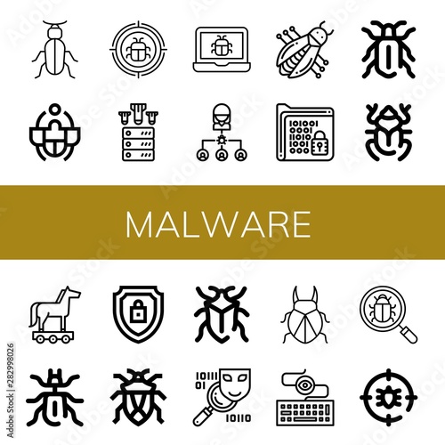 Set of malware icons such as Beetle, Malware, Ddos, Bug, Encrypt, Trojan horse, Encrypted, Spyware, Keylogger, Anti bug , malware
