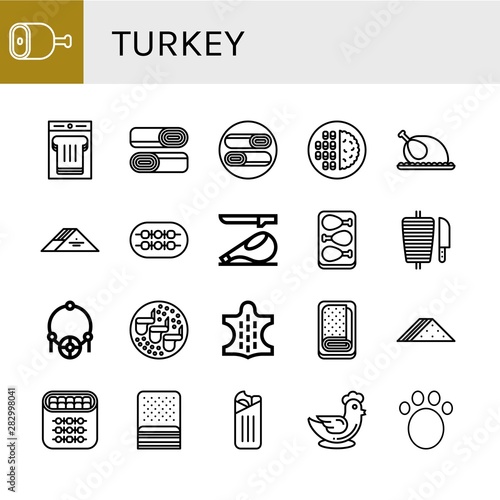 Set of turkey icons such as Ham, Sandwich, Shawarma, Meat, Chicken, Shish kebab, Chicken leg, Amulet, Chicken wings, Animal, Meatloaf, Bacon , turkey