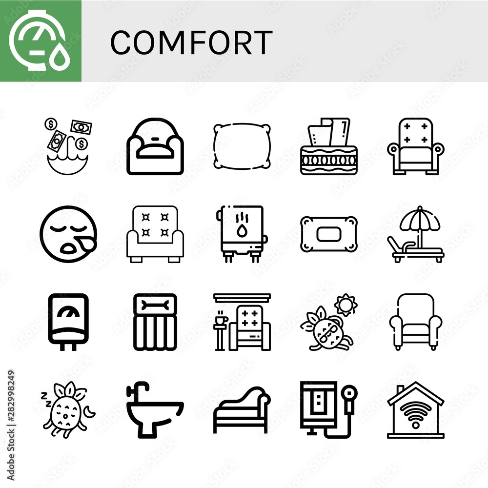 Set of comfort icons such as Water heater, Umbrella, Armchair, Pillow, Tissue box, Sleeping, Deck chair, Airbed, Sunbathing, Bidet, Divan, Domotics , comfort Set of comfort icons such as Water heater, Umbrella, Armchair, Pillow, Tissue box, Sleeping, Deck chair, Airbed, Sunbathing, Bidet, Divan, Domotics , comfort