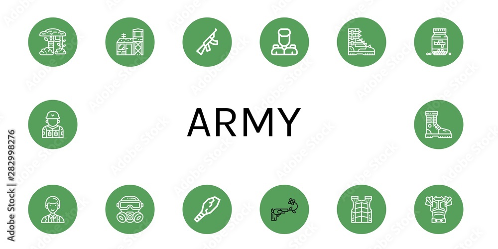 Set of army icons such as Camouflage, Military base, Assault rifle, Military, Boot, Ammo, Officer, Gas mask, Weapon, Gun, Bulletproof vest, Armor, Soldier , army Set of army icons such as Camouflage, Military base, Assault rifle, Military, Boot, Ammo, Officer, Gas mask, Weapon, Gun, Bulletproof vest, Armor, Soldier , army