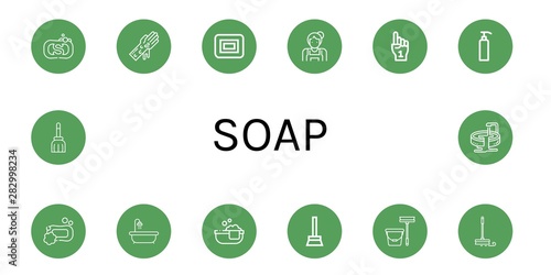 Set of soap icons such as Soap, Hand washing, Maid, Foam hand, Gel, Hot tub, Bathtube, Broom, Mop, Jacuzzi , soap