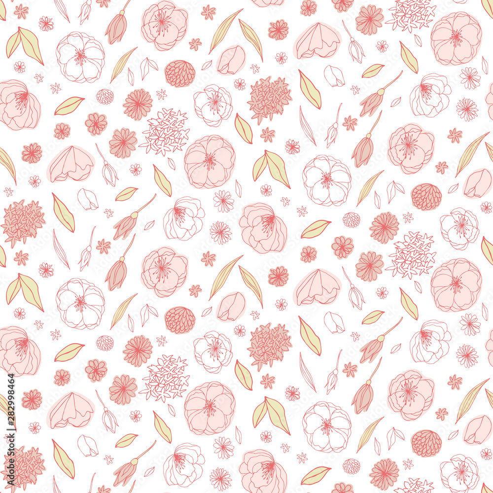 Floral vector seamless pattern with  flowers and leaves. Beautiful hand drawn flowers in  light pastel colors in vintage style.