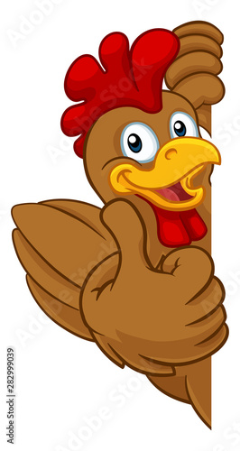 A chicken rooster cockerel bird cartoon character peeking around a sign and giving a thumbs up