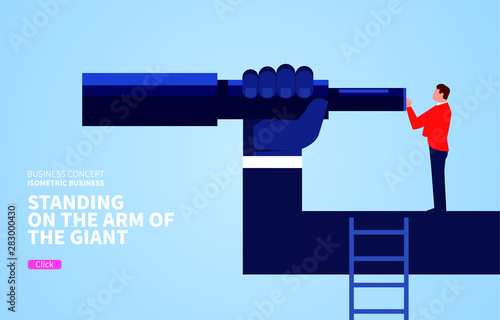 Businessman climbed onto the giant's arm to look into the distance