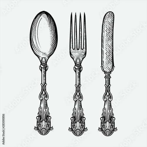Vector illustration of vintage spoon fork and knife made in hand drawn sketch style