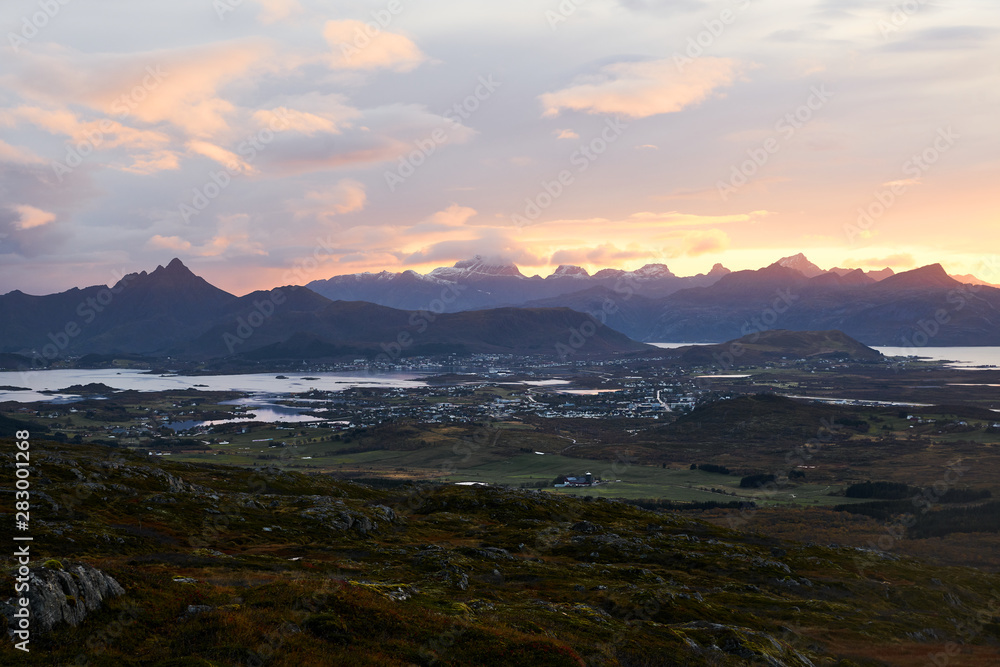 Sunset over mountains on Lofoten Islands in Norway