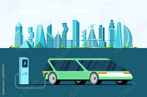 Green electric car at refuelling power charging station on future city. Modern e-vehicle technology and environment care concept. Flat vector illustration