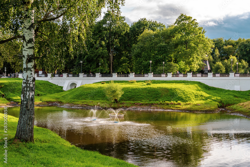 The bridge in front of the Kremlin of the ancient Russian city of Uglich. Cityscape.